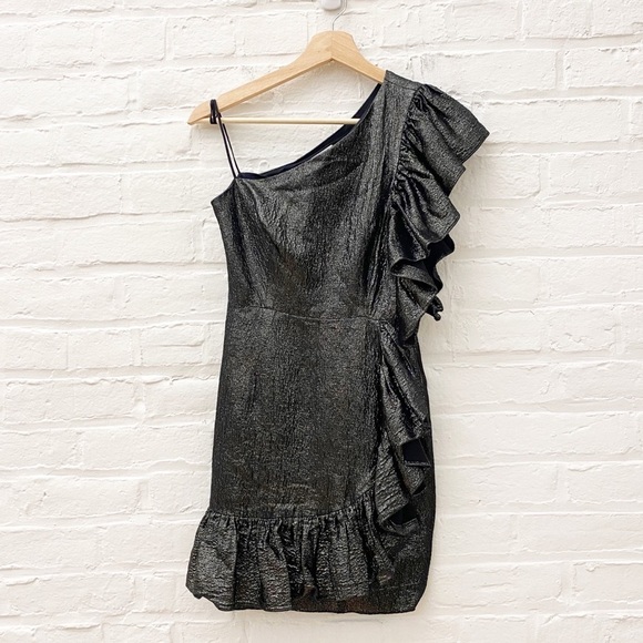 Sandro || Effie Metallic Silver One Shoulder Ruffle Cocktail Mini Dress 1 - Picture 1 of 13